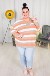 Sweter Oversize w pasy LENA beż-orange Plus Size 46/54