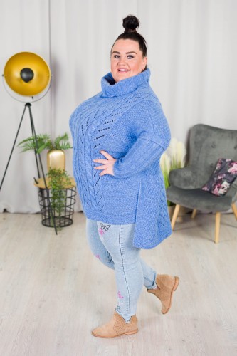 Ażurowy Sweter Golf Ponczo Oversize BELLA niebieski Plus Size 46/54