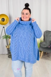 Ażurowy Sweter Golf Ponczo Oversize BELLA niebieski Plus Size 46/54 