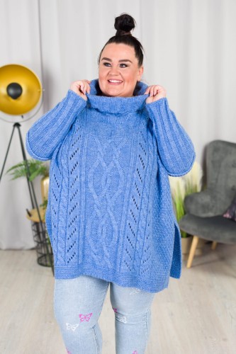 Ażurowy Sweter Golf Ponczo Oversize BELLA niebieski Plus Size 46/54