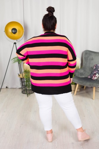 Sweter Oversize w pasy LENA róż-orange Plus Size 46/54