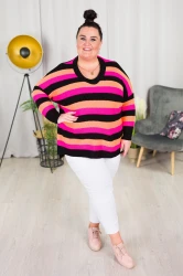 Sweter Oversize w pasy LENA róż-orange Plus Size 46/54