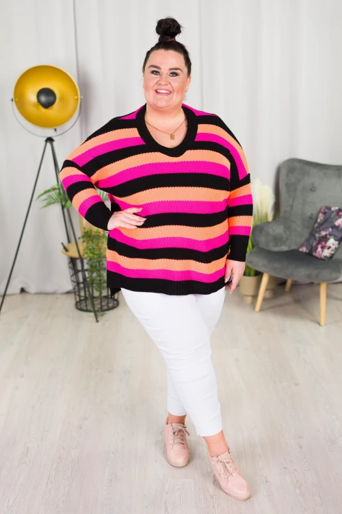 Sweter Oversize w pasy LENA róż-orange Plus Size 46/54