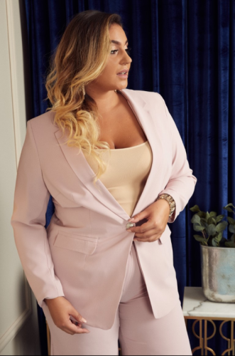 Garnitur damski z szeroką nogawką KELIS pudrowy róż Plus Size 44-54