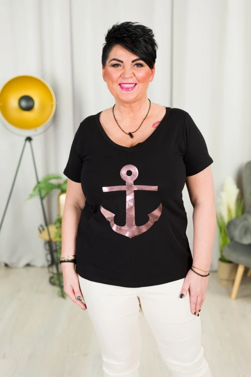 T-Shirt czarny MOLLY Kotwica różowe złoto Plus Size 44-54