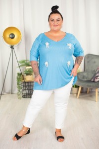 Tunika trapezowa Vneck z perełkami ATELLA błękit 48-58