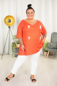 Tunika trapezowa Vneck z perełkami ATELLA pomarańcz 48-58