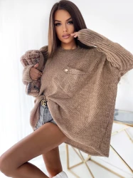 Sweter Oversize z kieszonką NELA brąz Plus Size 46/56