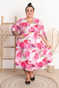 Sukienka dekolt V z paskiem MERLIN kwiaty 2 Plus Size 42-52