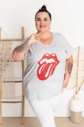 T-shirt Vneck VIVI Usta siwa Plus Size 48/54