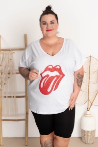 T-shirt Vneck VIVI Usta biała Plus Size 48/54