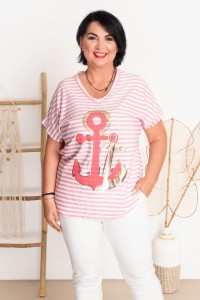 Bluzka na lato OXY Kotwica paski puder Plus Size 44/48