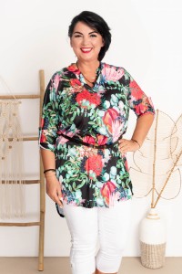 Tunika koszulowa z paseczkiem APRIL kwiaty Plus Size 44/50