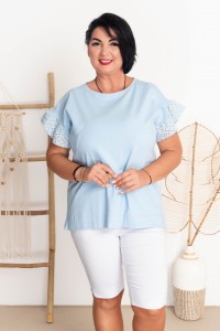 T-shirt z falbankami z koronką SUITE błękit Plus Size 42-52