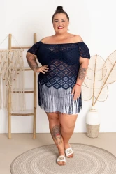 Top koronkowy z frędzlami AVIA granat Plus Size 44/54