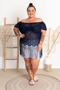 Top koronkowy z frędzlami AVIA granat Plus Size 44/54