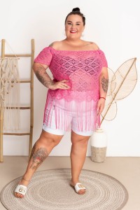 Top koronkowy z frędzlami AVIA fuksja Plus Size 44/54