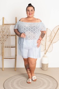 Top koronkowy z frędzlami AVIA błękit Plus Size 44/54