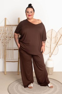 Bluzka Vneck z wiskozy KELLI czekolada Plus Size 48-58