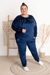 Dres welurowy z cyrkoniami FERRO granat Plus Size 48-54