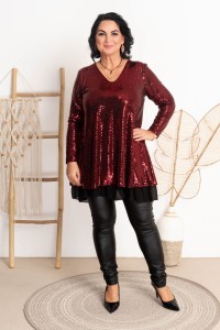 Tunika cekinowa z falbanką SANDRA bordo Plus Size 44/48