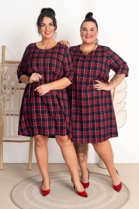 Sukienka trapezowa SANTA granatowa w kratę Plus Size 46-54
