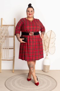 Sukienka trapezowa SANTA czerwona w kratę Plus Size 46-54