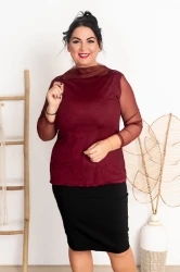Bluzka siateczkowa KIMBERLY bordowa z brokatem Plus Size 44-50