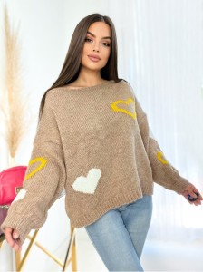 Sweter w serca KAREN brąz Plus Size 42/48