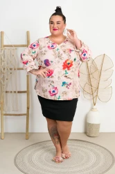 Elegancka Bluzka BASIA kwiaty beż Plus Size 44-58