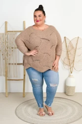 Ażurowy Sweter Oversize ELISE brąz Plus Size 46/54