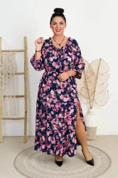 Sukienka Hiszpanka z rozporkiem BOBBY kwiaty na granacie Plus Size 44/50