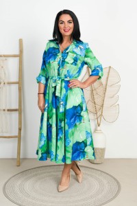 Sukienka z paskiem ILONA zielona w kwiaty Plus Size 44-52