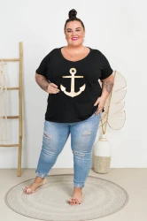 T-Shirt czarny MOLLY Kotwica złota Plus Size 44-58