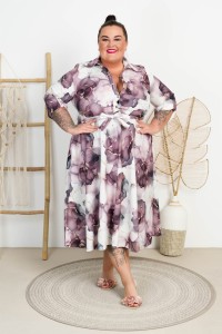 Sukienka z paskiem ILONA biało-fioletowa Plus Size 44-52