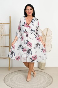 Sukienka szyfonowa KRISTAL kwiaty na białym Plus Size 44/48 