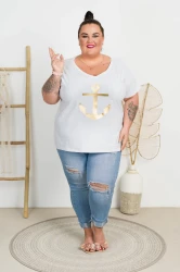 T-Shirt biały MOLLY Kotwica złota Plus Size 44-58