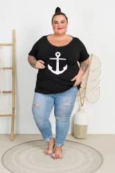 T-Shirt czarny MOLLY Kotwica srebrna Plus Size 44-58