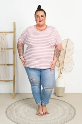 T-Shirt w paski ANASTAZJA pudrowo-biała Plus Size 42-54