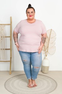 T-Shirt w paski ANASTAZJA pudrowo-biała Plus Size 42-54