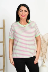 T-Shirt w paski ANASTAZJA pistacja-róż Plus Size 42-54