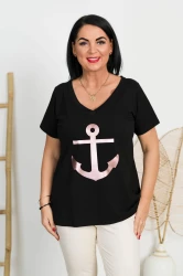 T-Shirt czarny MOLLY Kotwica różowe złoto Plus Size 44-58