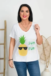 T-Shirt V-Neck biały MOLLY Ananas Plus Size 42-58