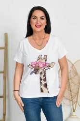 T-Shirt V-Neck biały MOLLY Żyrafa Plus Size 42-58