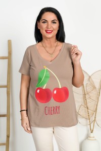 T-Shirt V-Neck fango MOLLY Wisienki Plus Size 42-58