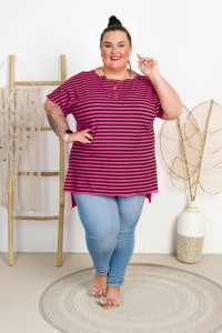 Bluzka Laserówka w paski TAYLOR różowa Plus Size 48/54