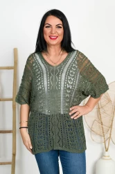 Ażurowy Sweterek SZYDEŁKO khaki Plus Size 44/50