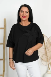 Bluzka krótki rękaw z kwiatem WERKA czarna Plus Size 42-52
