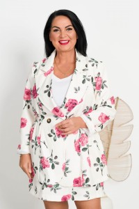 Elegancki Komplet Szort+Marynarka ELIZa kwiaty różowe Plus Size 46/50