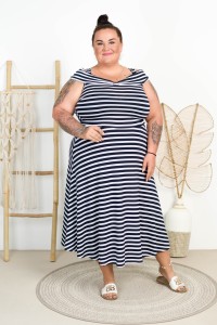 Sukienka BELLISIMA w biało-granatowe paski Plus Size 42-52